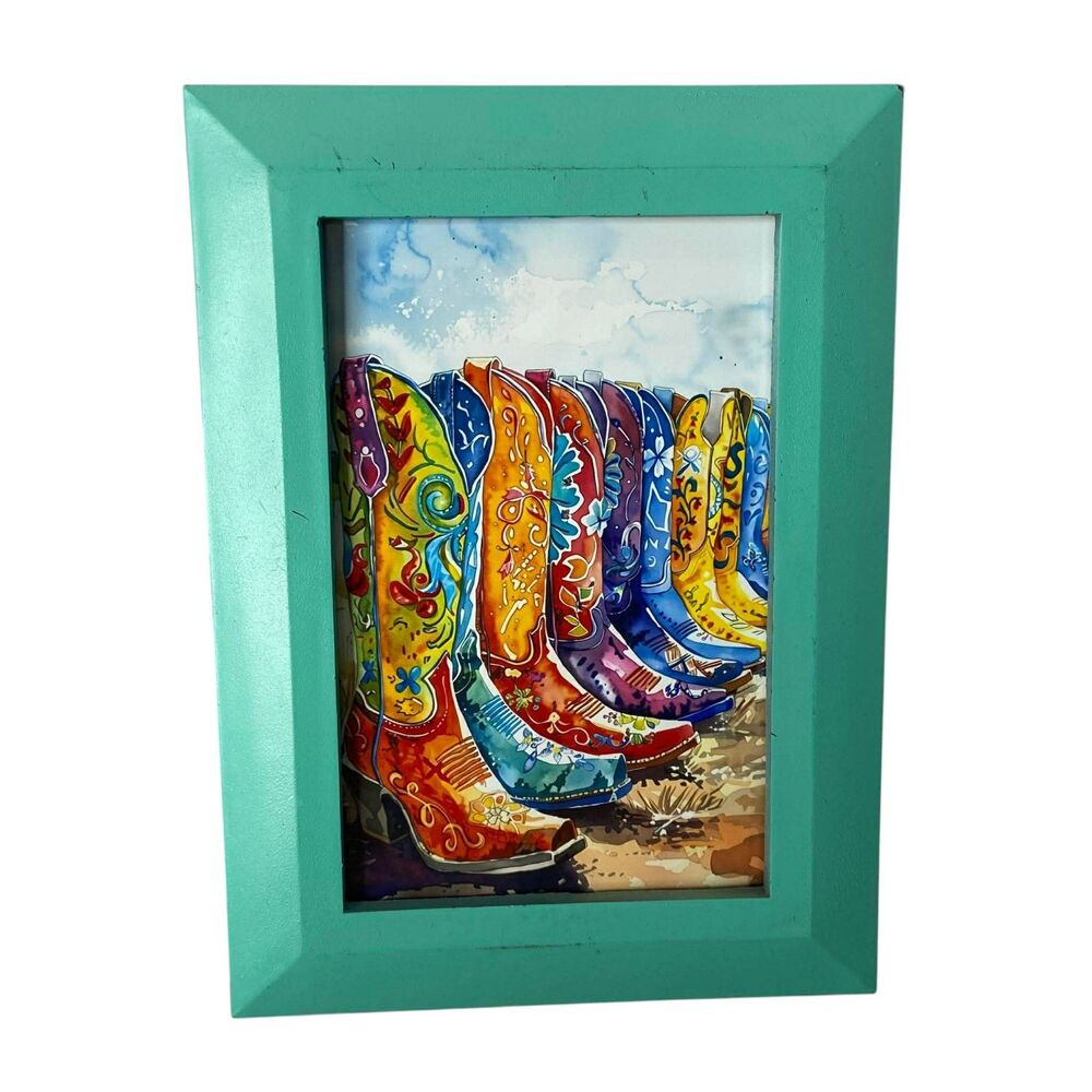 Cowgirl Boots Print in a Turquoise Frame Western Decor
